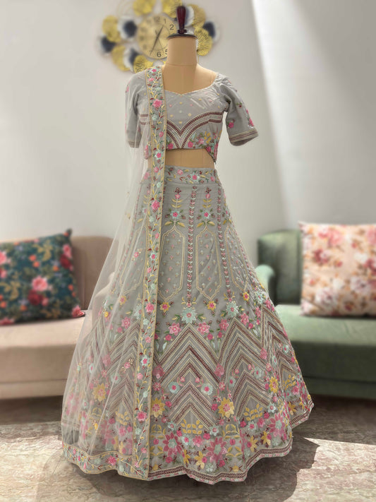 Silver Colour Lehenga with Sequins Knotting & Thread Work
