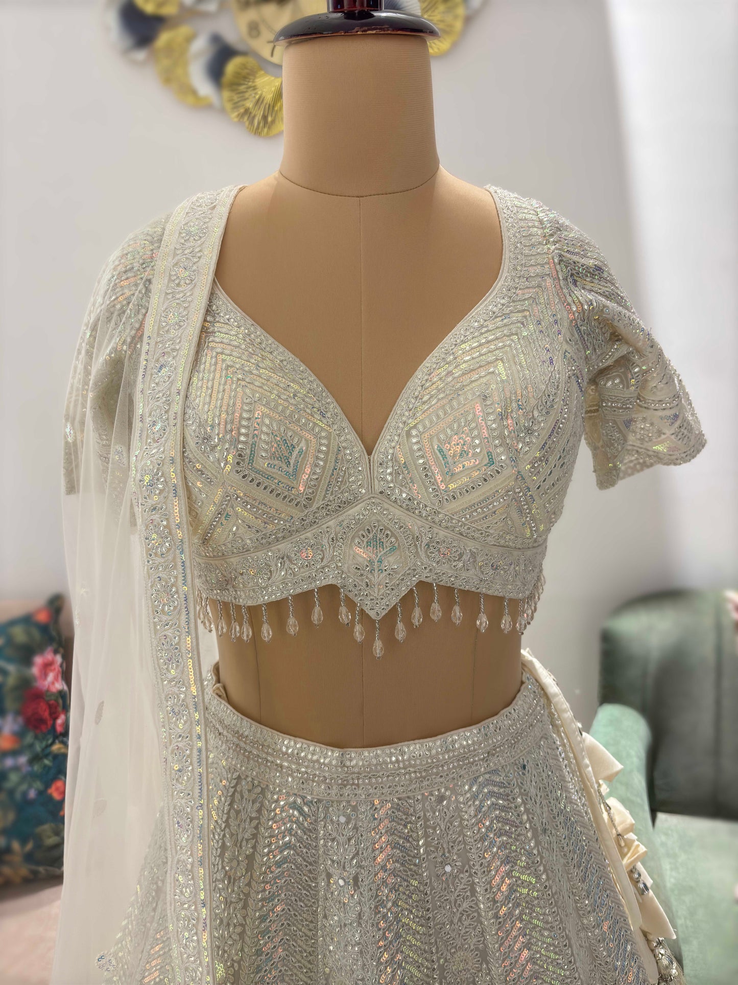 White Designer Lehenga with Miror & Sequins Work
