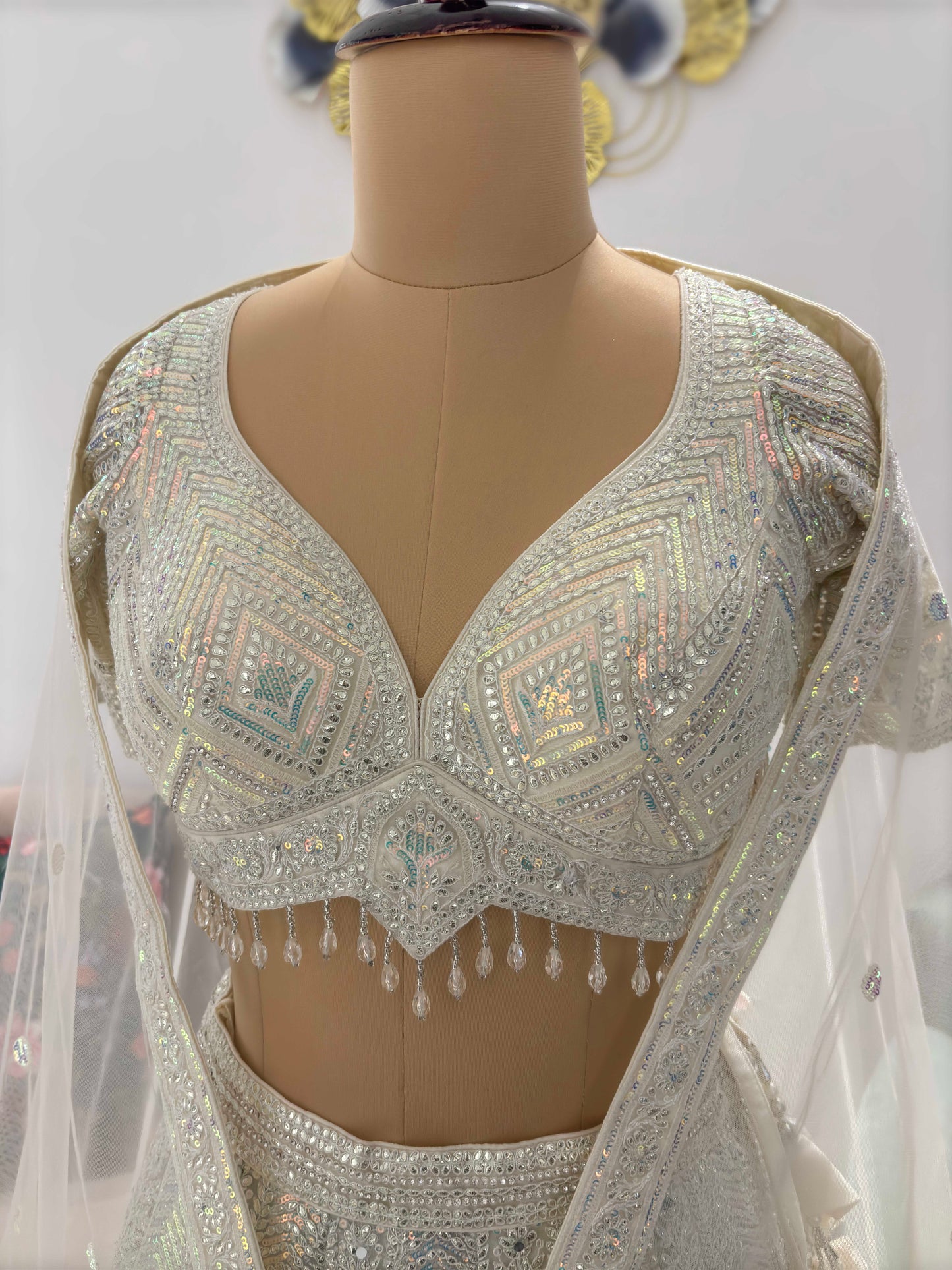 White Designer Lehenga with Miror & Sequins Work