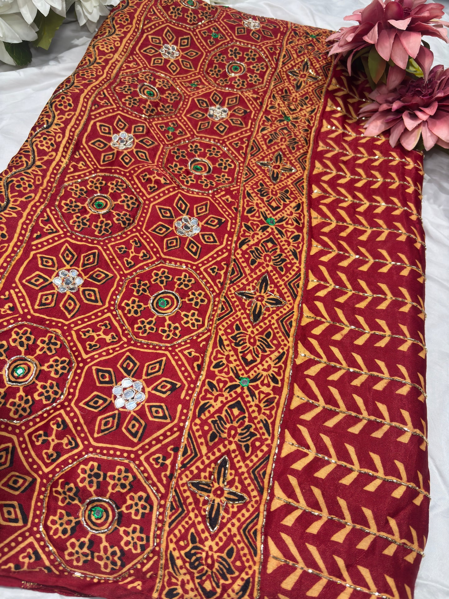 Traditional Red Bandhani Printed Saree with Ethnic Motifs Work Border