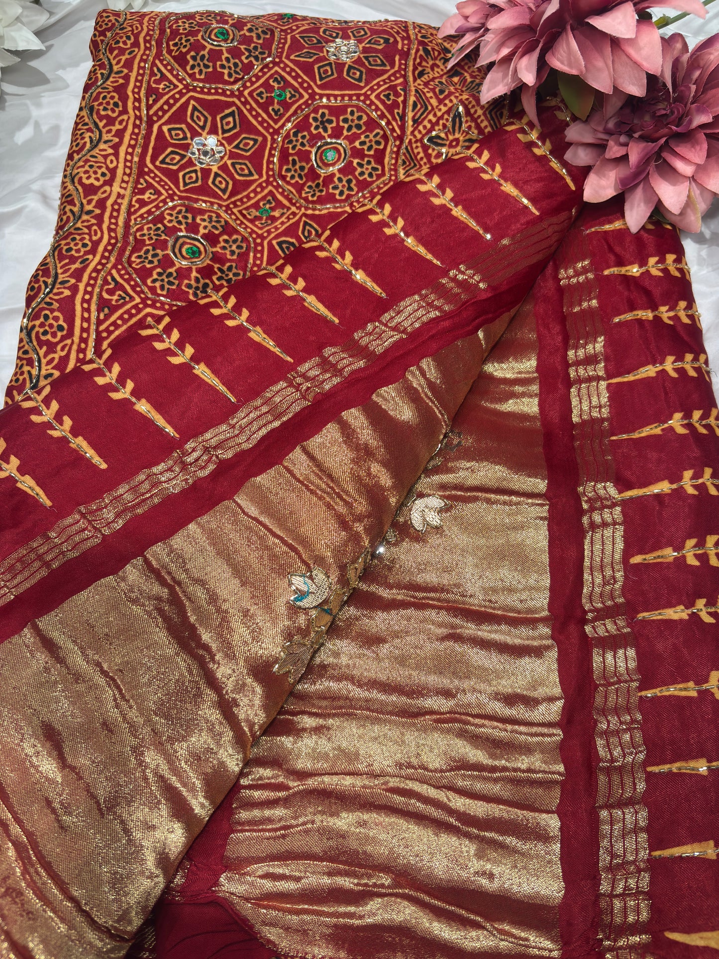 Traditional Red Bandhani Printed Saree with Ethnic Motifs Work Border
