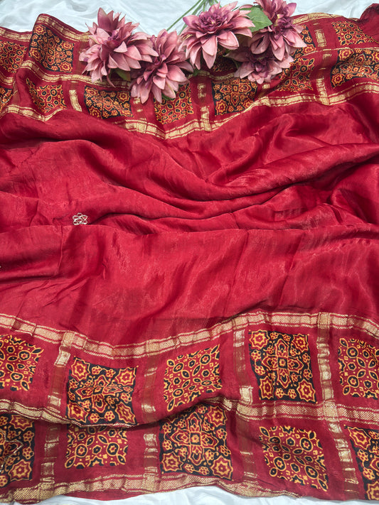 Traditional Red Bandhani Printed Saree with Ethnic Motifs Work Border