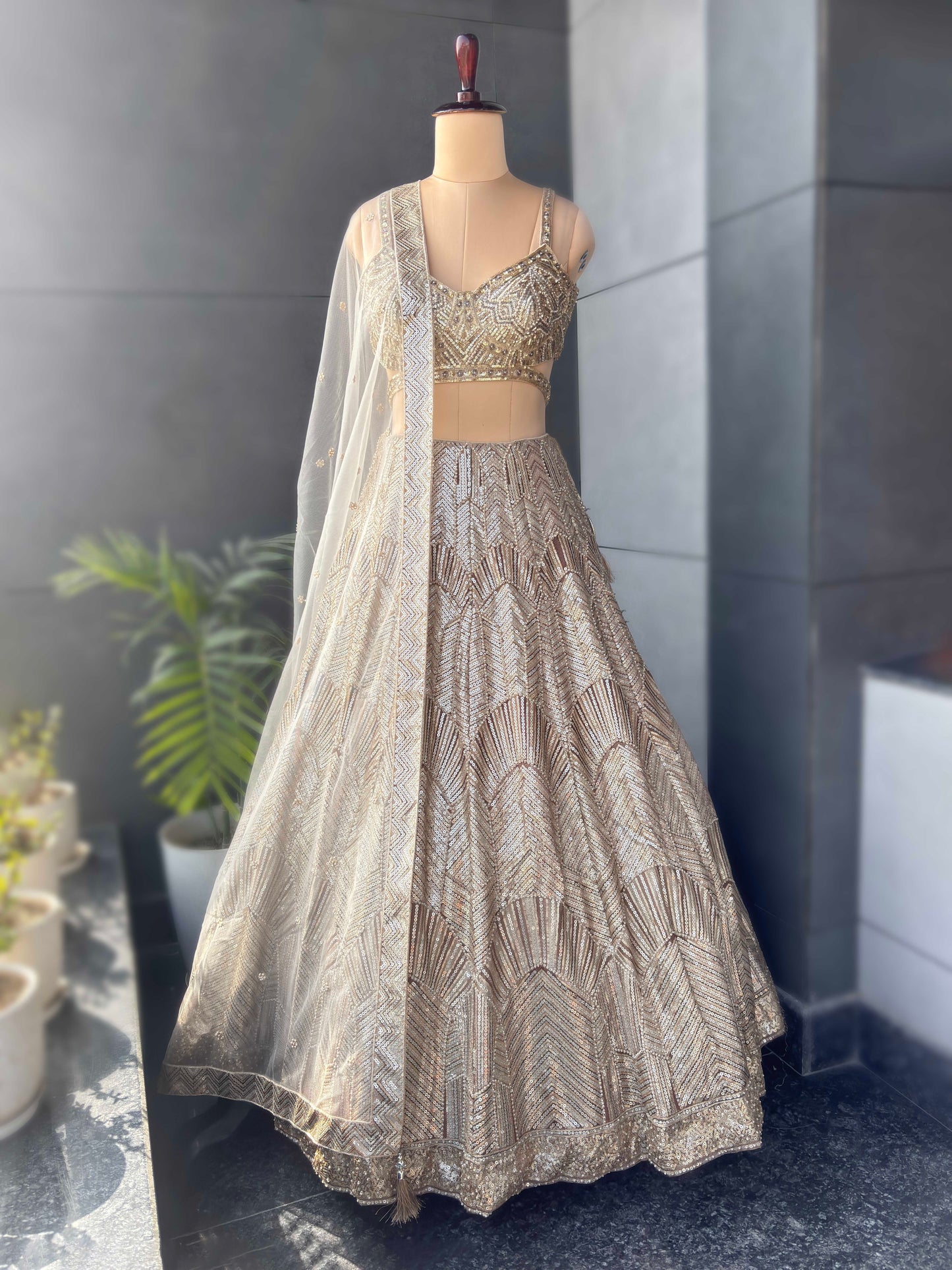 Golden Color Lehenga with Pearl & Sequins Work