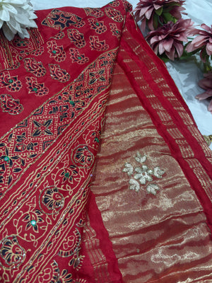 Elegant Red Bandhani Saree with Traditional Printed Border