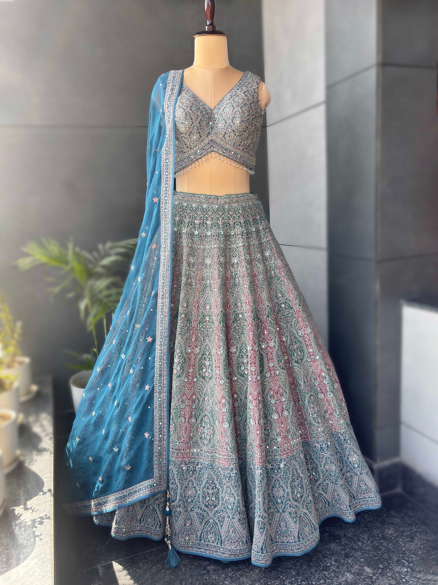 Multi-Colour Lehenga with American Diamond & Multi Resham Work