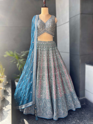 Multi-Colour Lehenga with American Diamond & Multi Resham Work