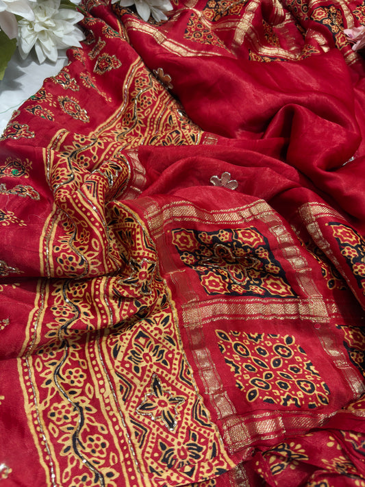 Classic Red Printed Saree with Ethnic Motifs Border