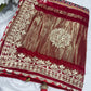 Elegant Red Silk Saree with Golden Zari Floral Design