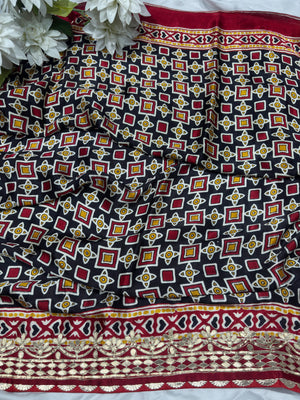 Elegant Red Silk Saree with Golden Zari Floral Design