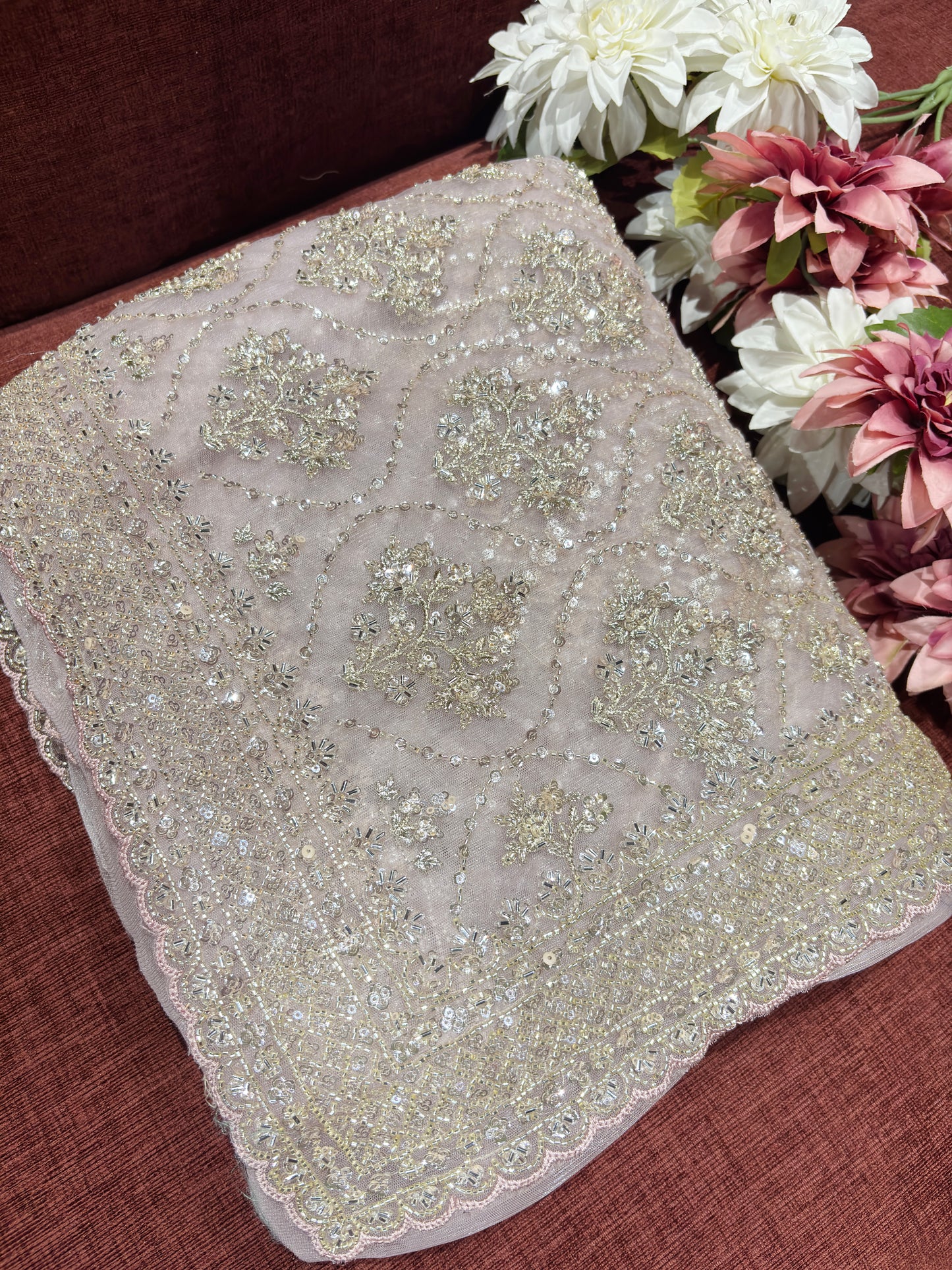 Elegant Baby Pink Net Saree with Heavy Sequin & Zari Embroidery