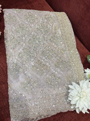Elegant Baby Pink Net Saree with Heavy Sequin & Zari Embroidery