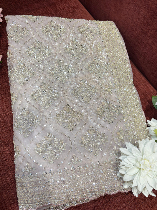 Elegant Baby Pink Net Saree with Heavy Sequin & Zari Embroidery