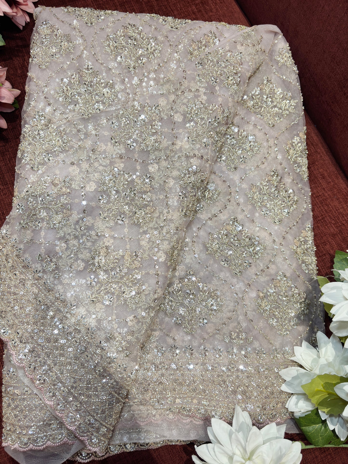 Elegant Baby Pink Net Saree with Heavy Sequin & Zari Embroidery