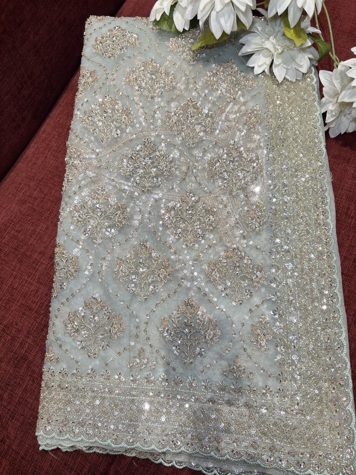 Elegant Mint Green Net Saree with Sequin & Zari Embroidery