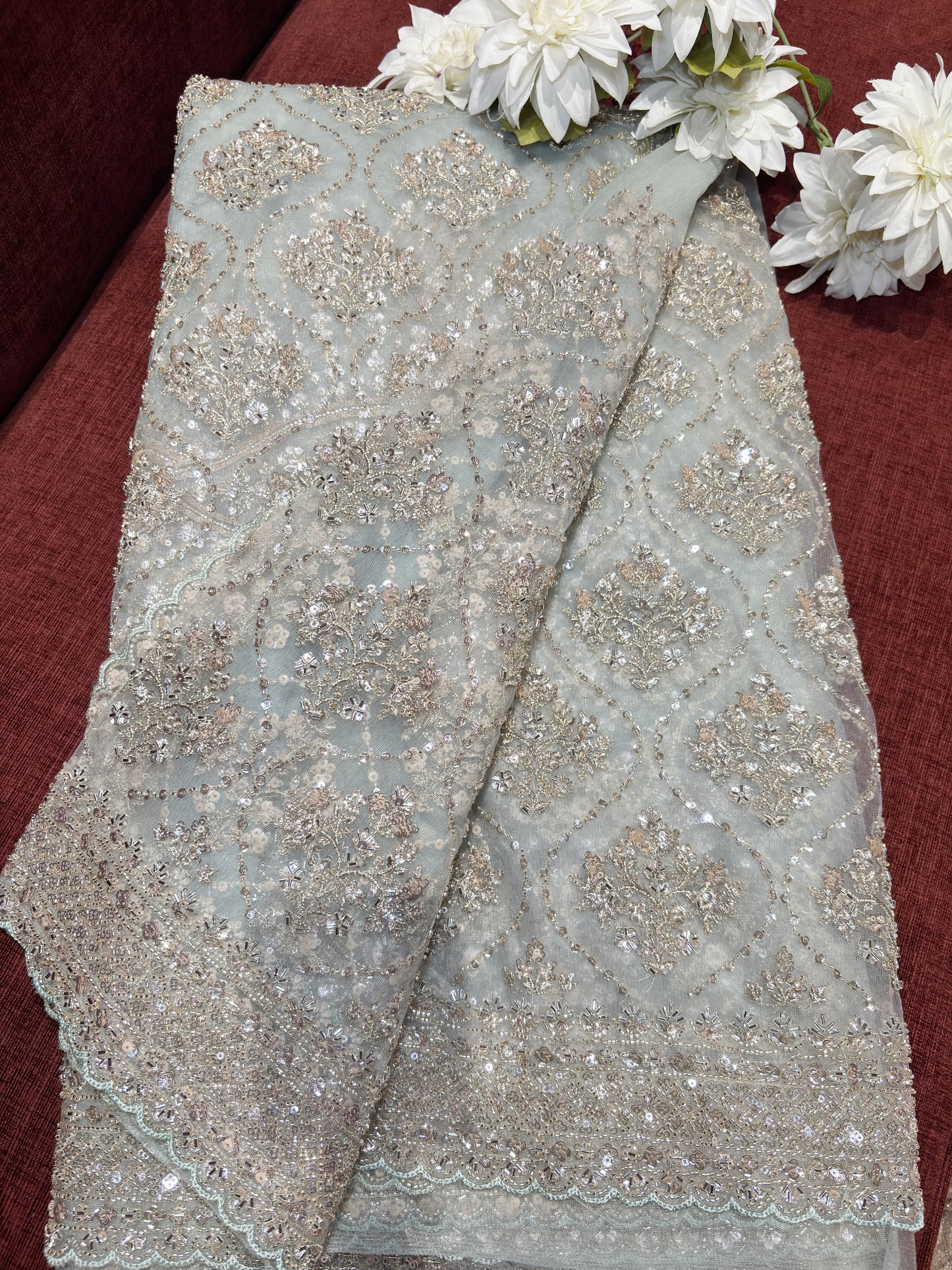 Elegant Mint Green Net Saree with Sequin & Zari Embroidery