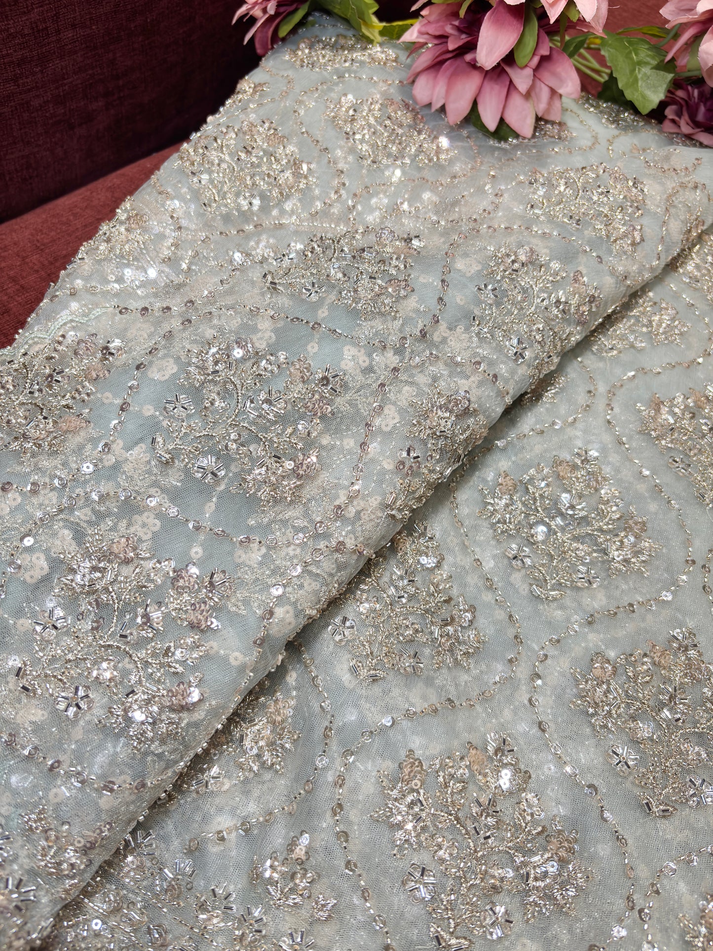 Elegant Mint Green Net Saree with Sequin & Zari Embroidery