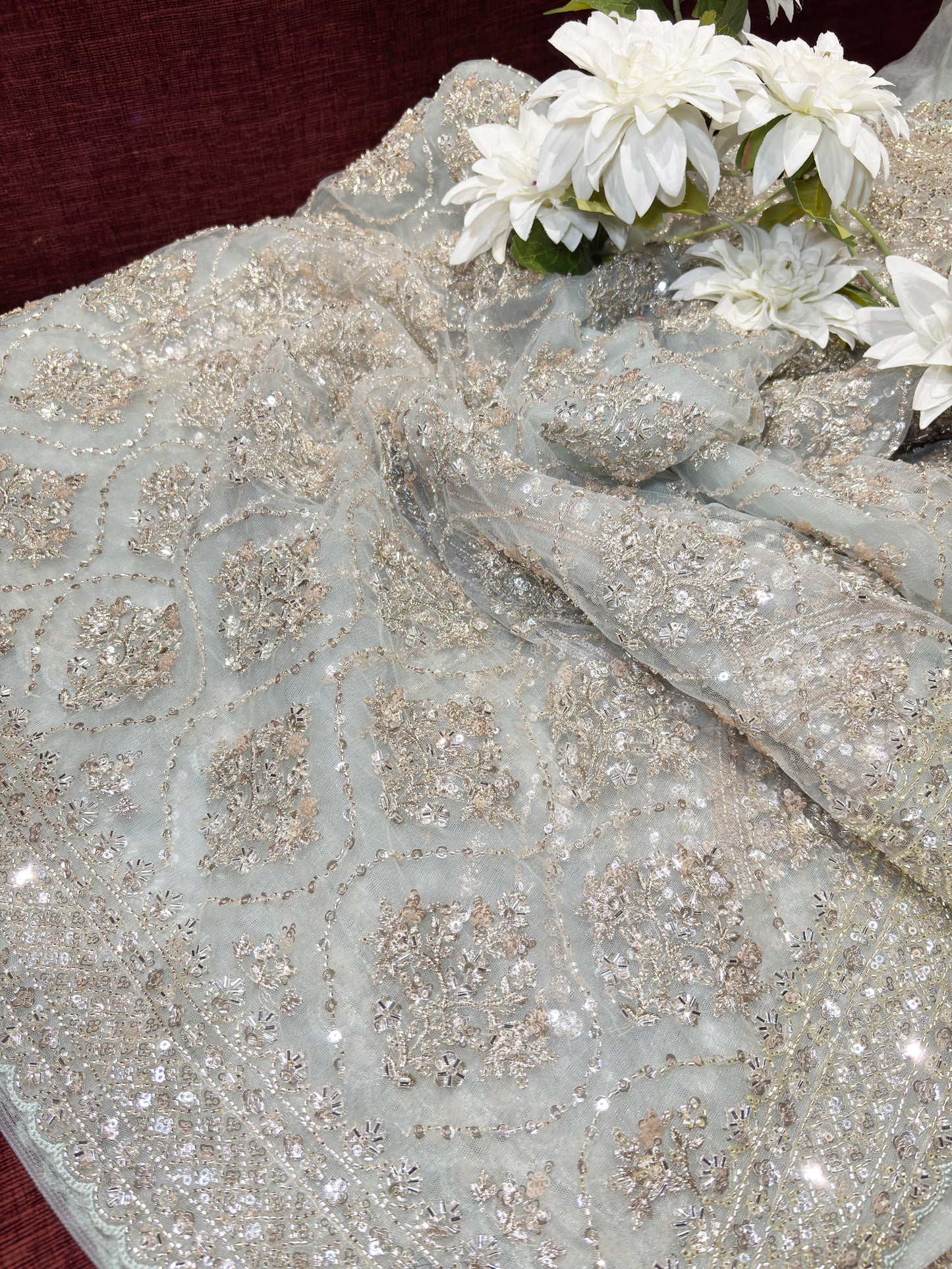 Elegant Mint Green Net Saree with Sequin & Zari Embroidery