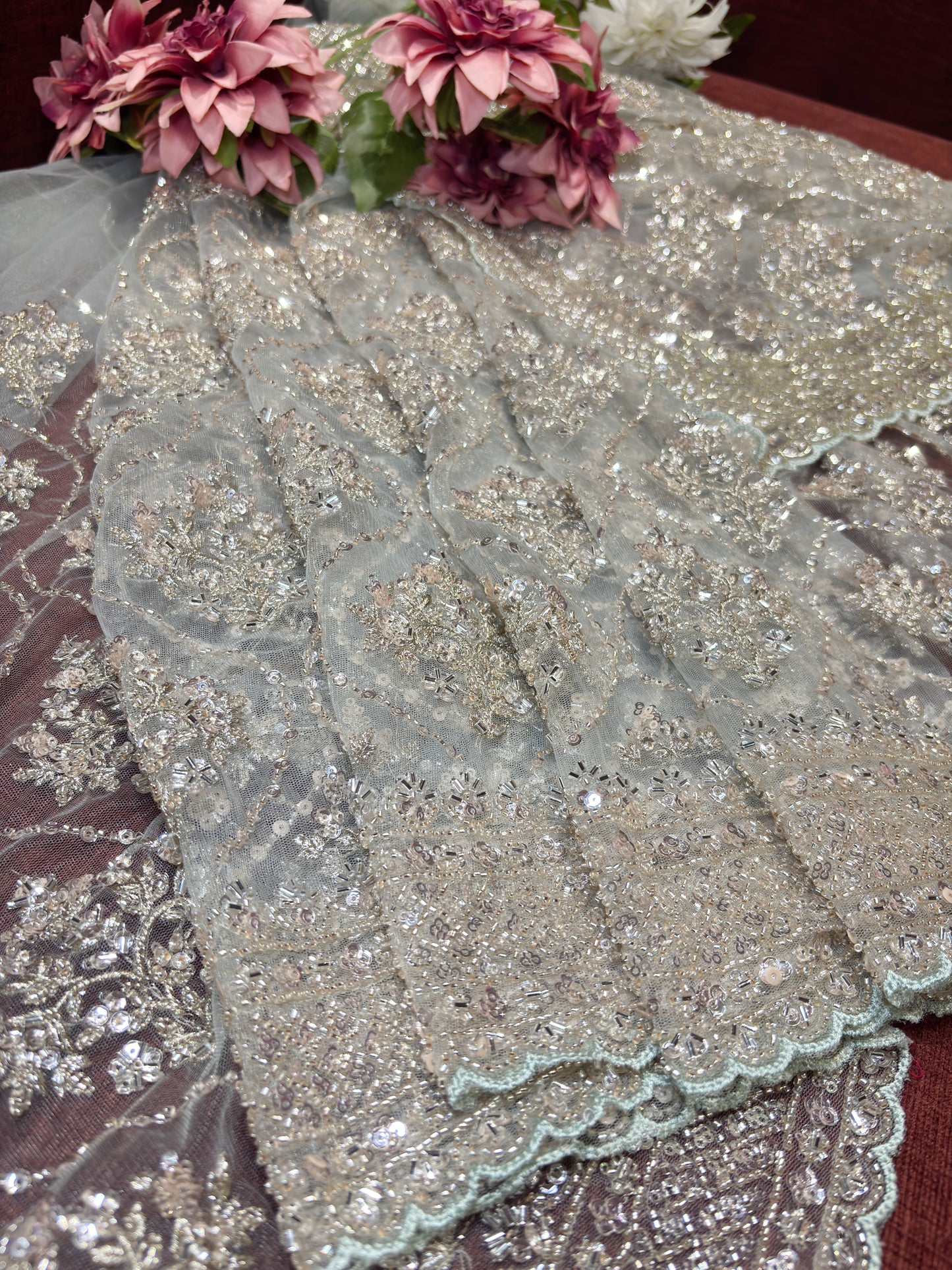 Elegant Mint Green Net Saree with Sequin & Zari Embroidery