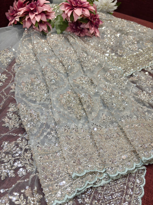 Elegant Mint Green Net Saree with Sequin & Zari Embroidery