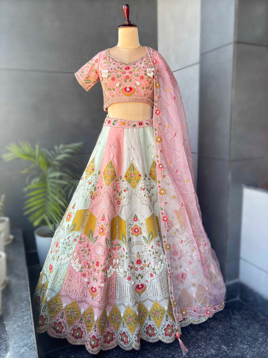 Pastel Multicolor Embroidered Lehenga with Organza Dupatta