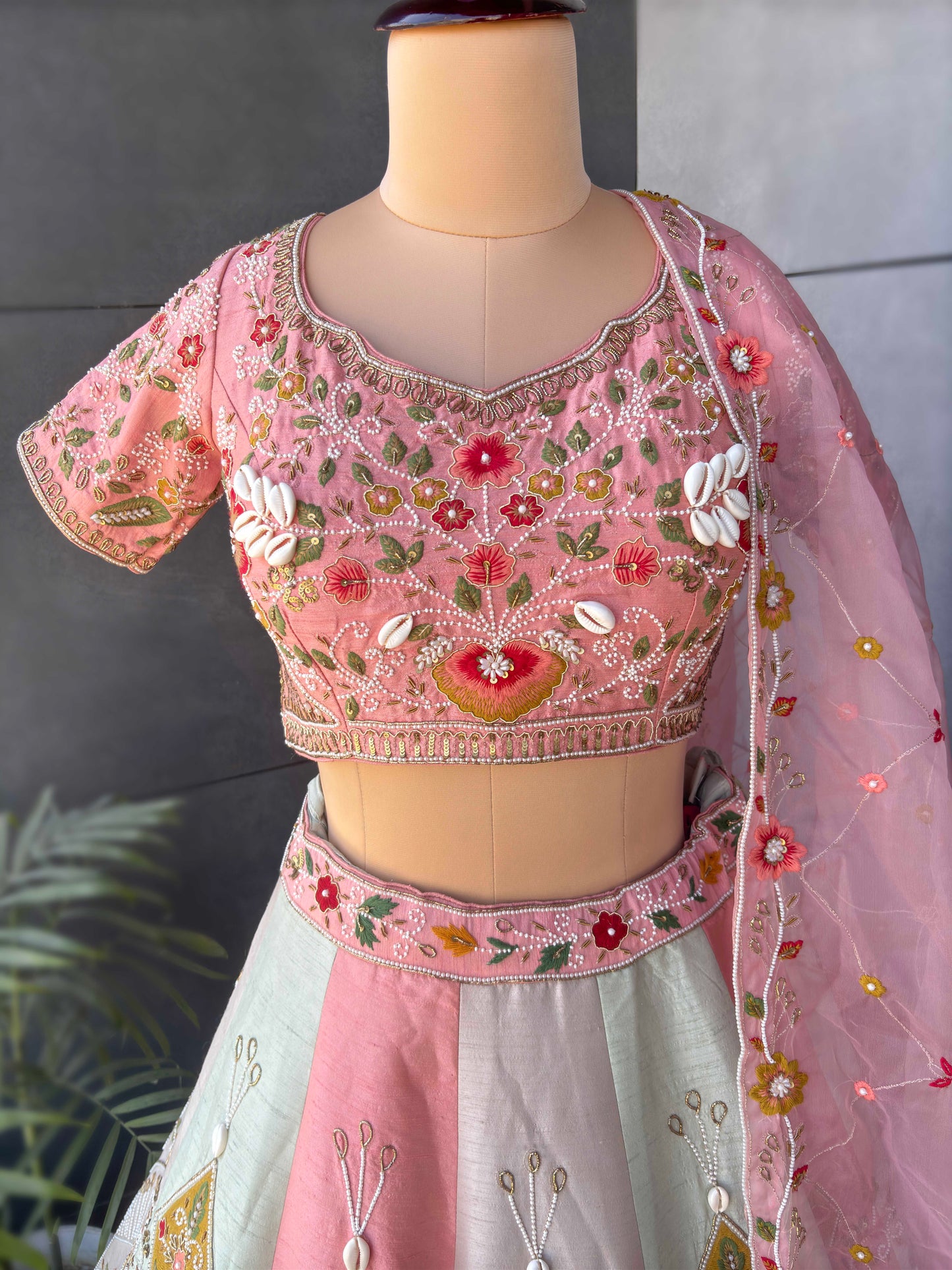 Pastel Multicolor Embroidered Lehenga with Organza Dupatta