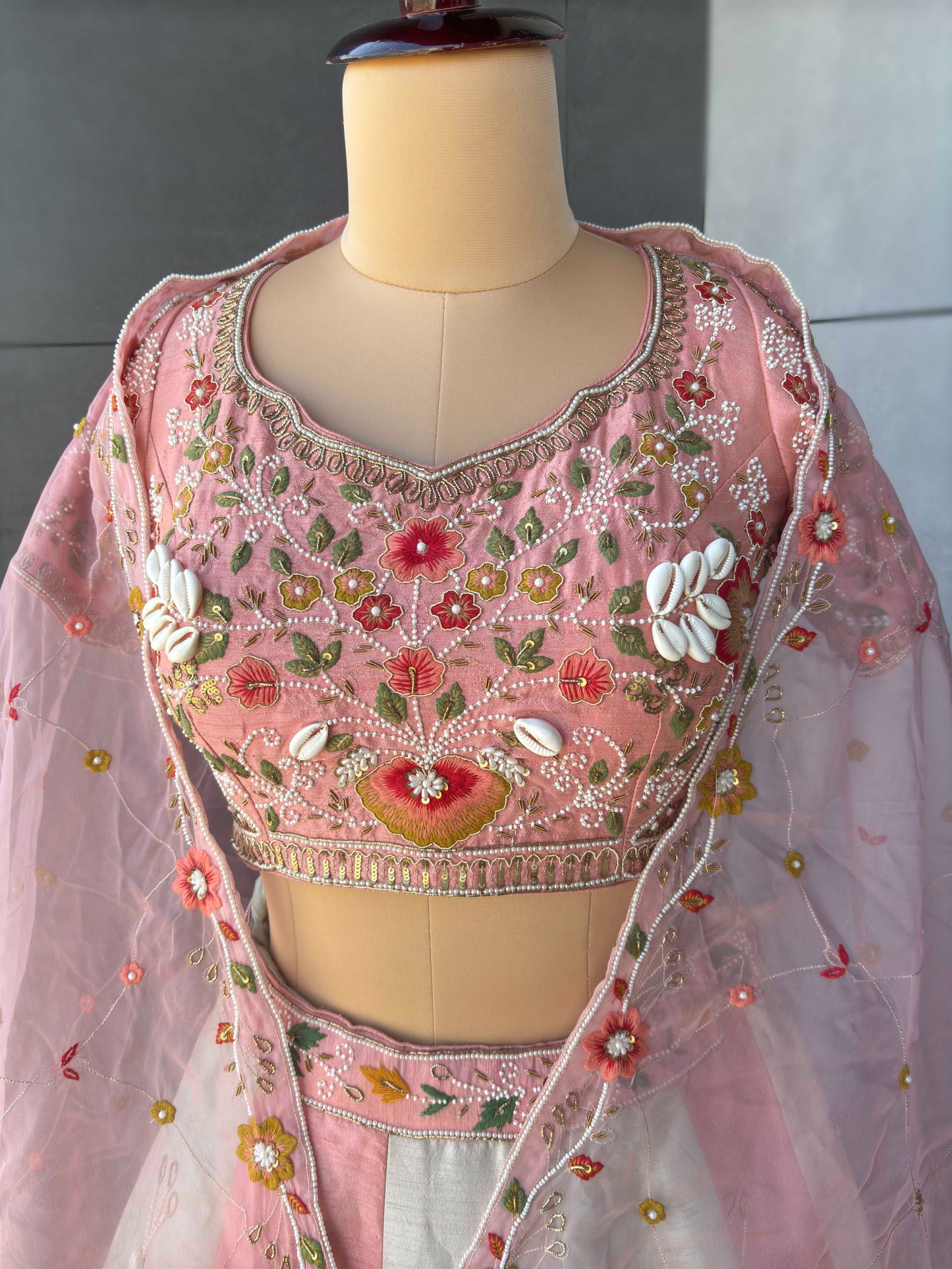Pastel Multicolor Embroidered Lehenga with Organza Dupatta