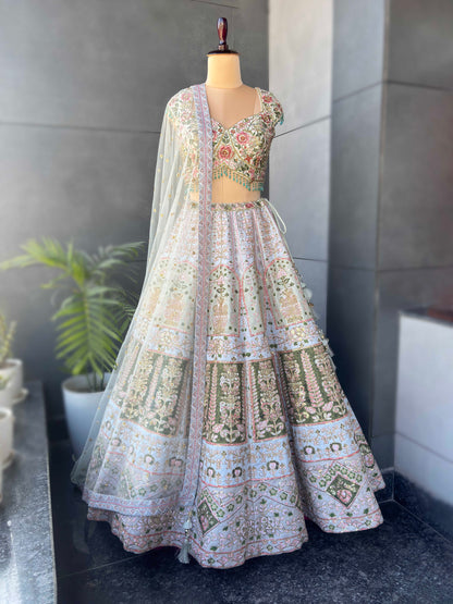 Multi-Colour Silk Designer Lehenga with Sequins & Resham Work