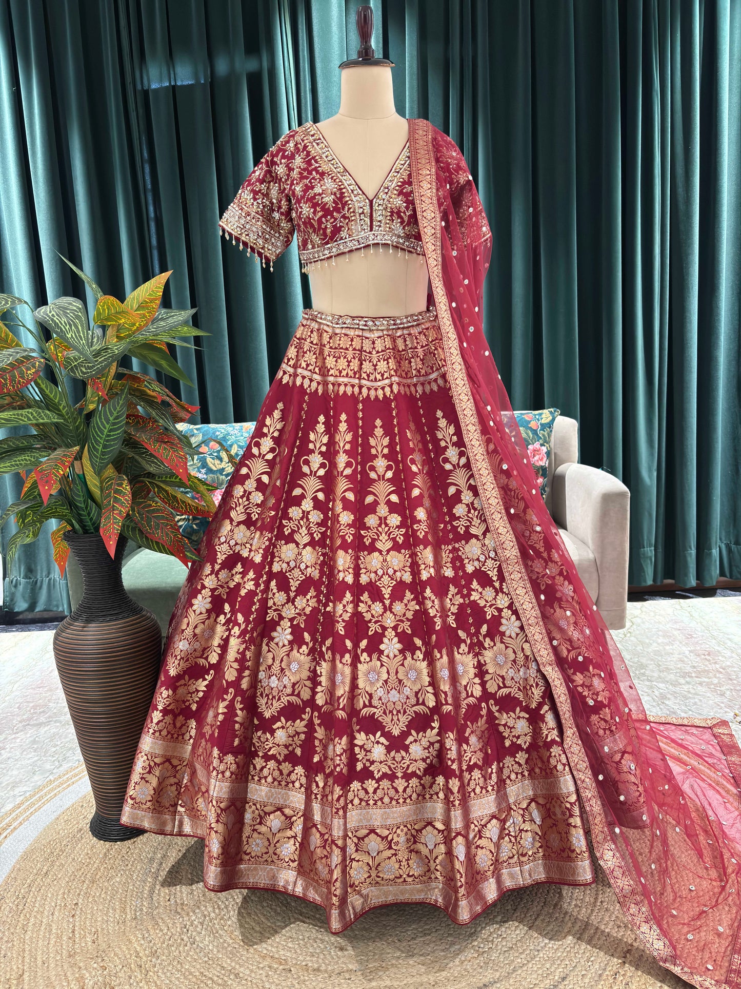 Maroon Embroidered Silk Bridal Lehenga Choli Set