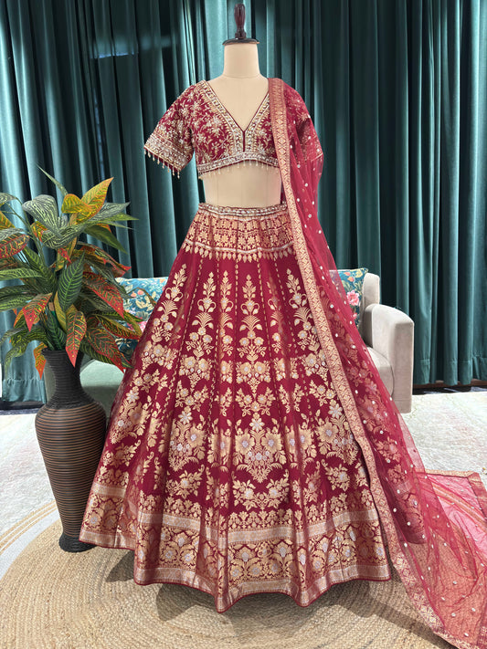 Maroon Embroidered Silk Bridal Lehenga Choli Set