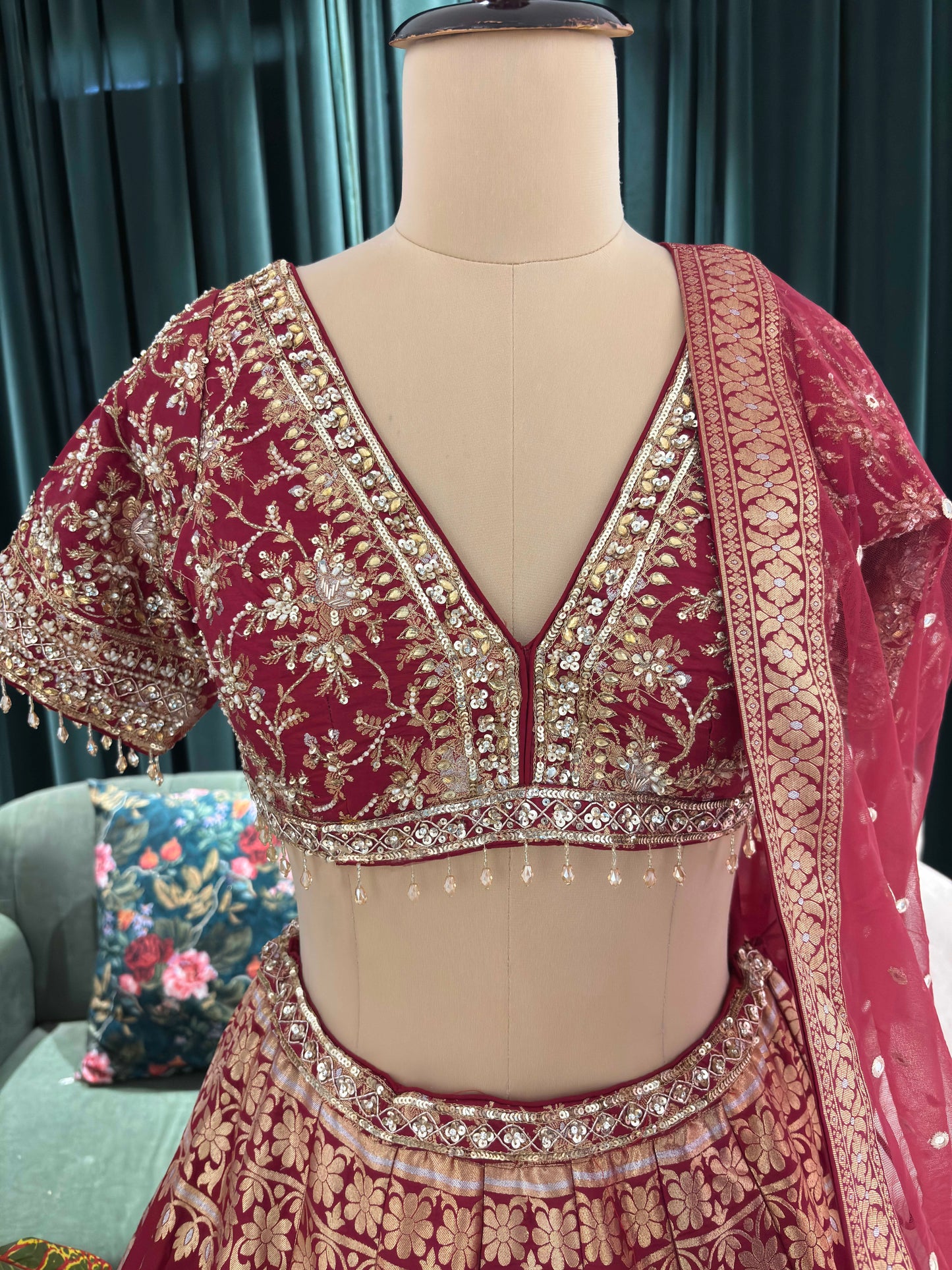 Maroon Embroidered Silk Bridal Lehenga Choli Set