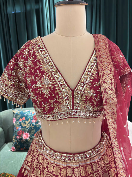 Maroon Embroidered Silk Bridal Lehenga Choli Set