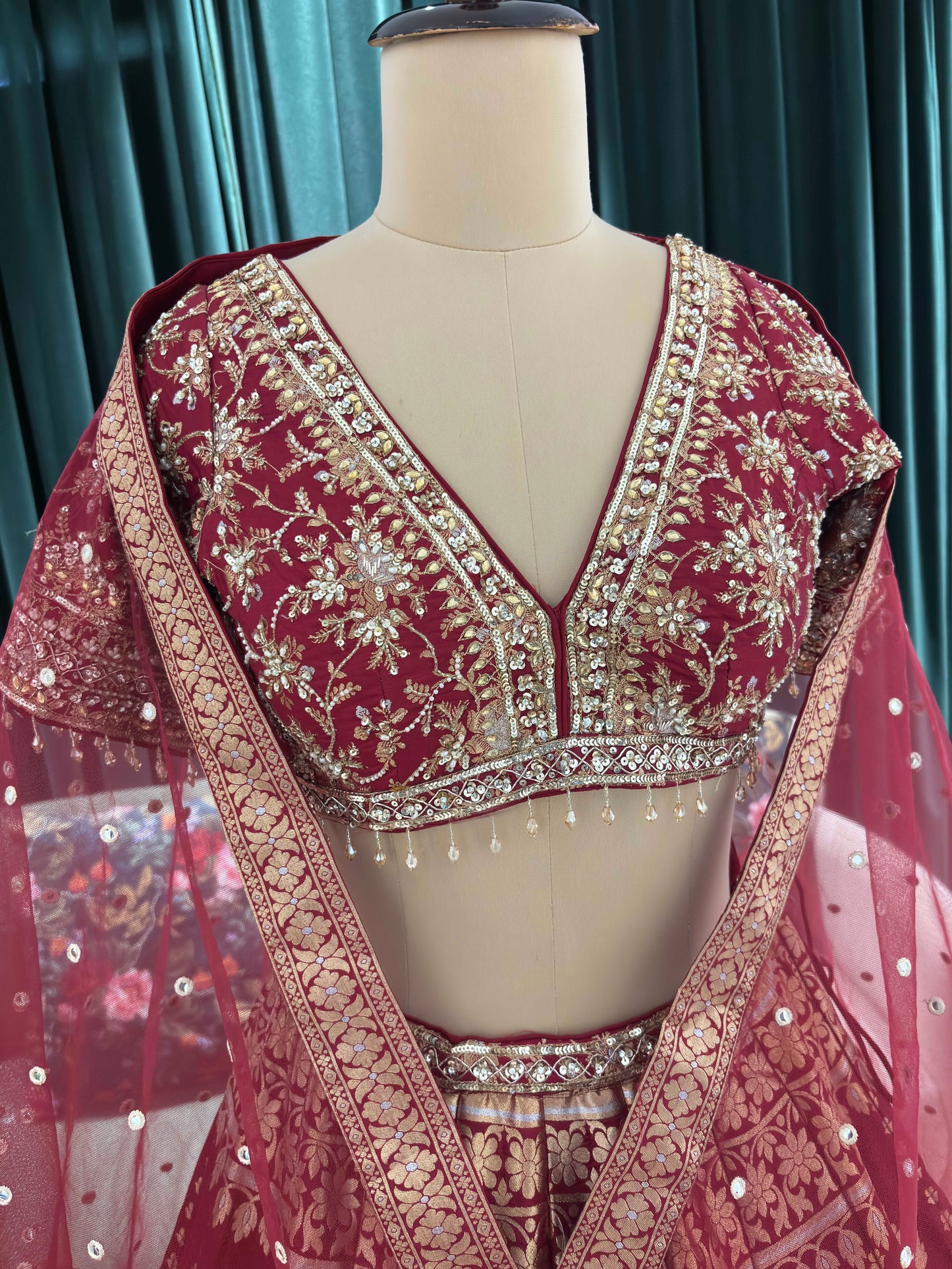 Maroon Embroidered Silk Bridal Lehenga Choli Set