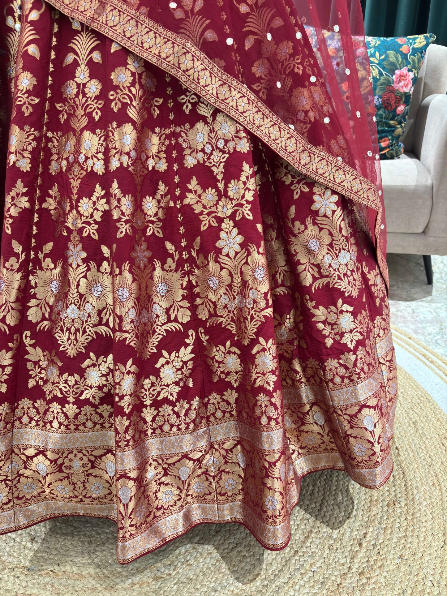 Maroon Embroidered Silk Bridal Lehenga Choli Set