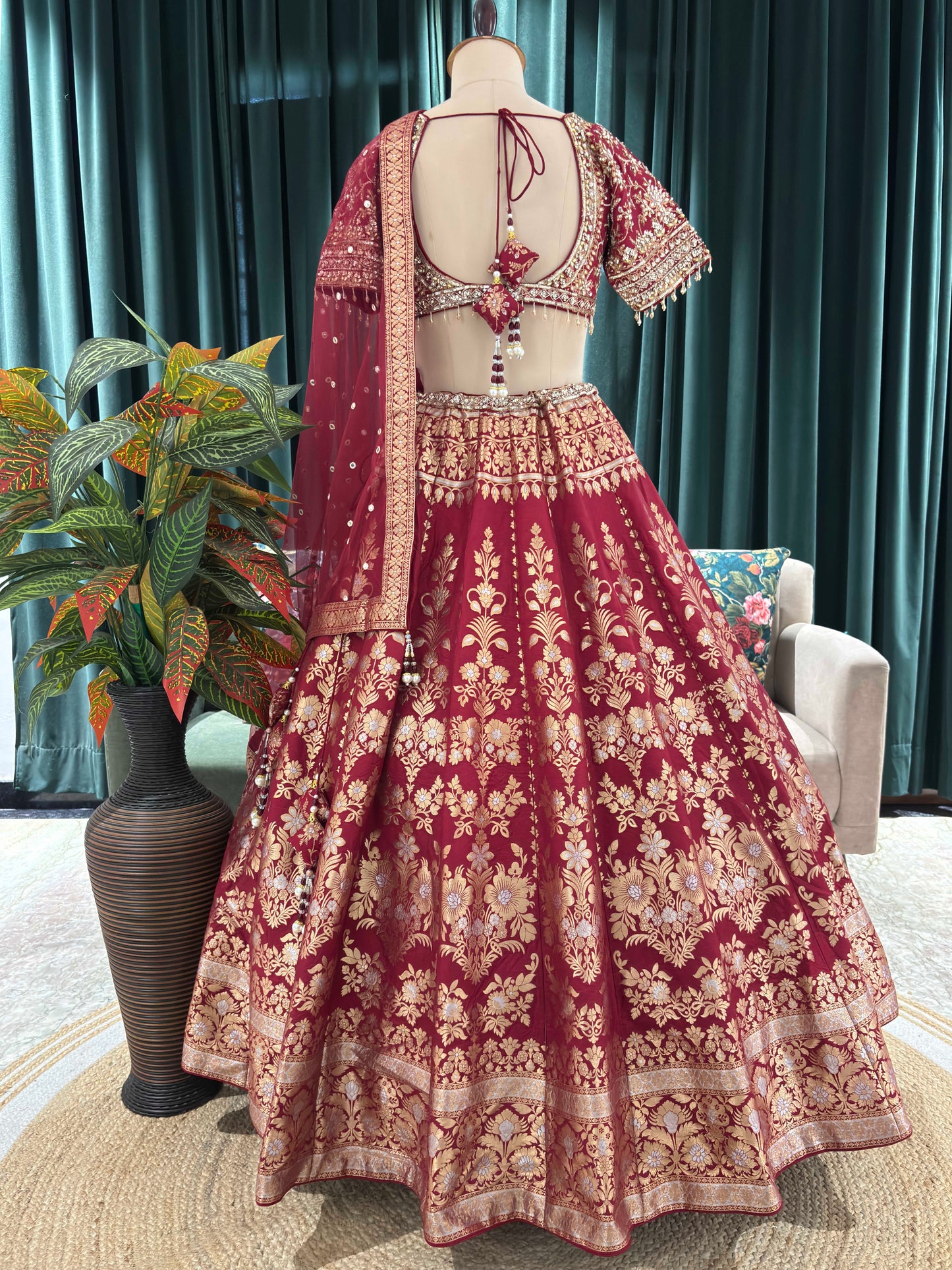 Maroon Embroidered Silk Bridal Lehenga Choli Set
