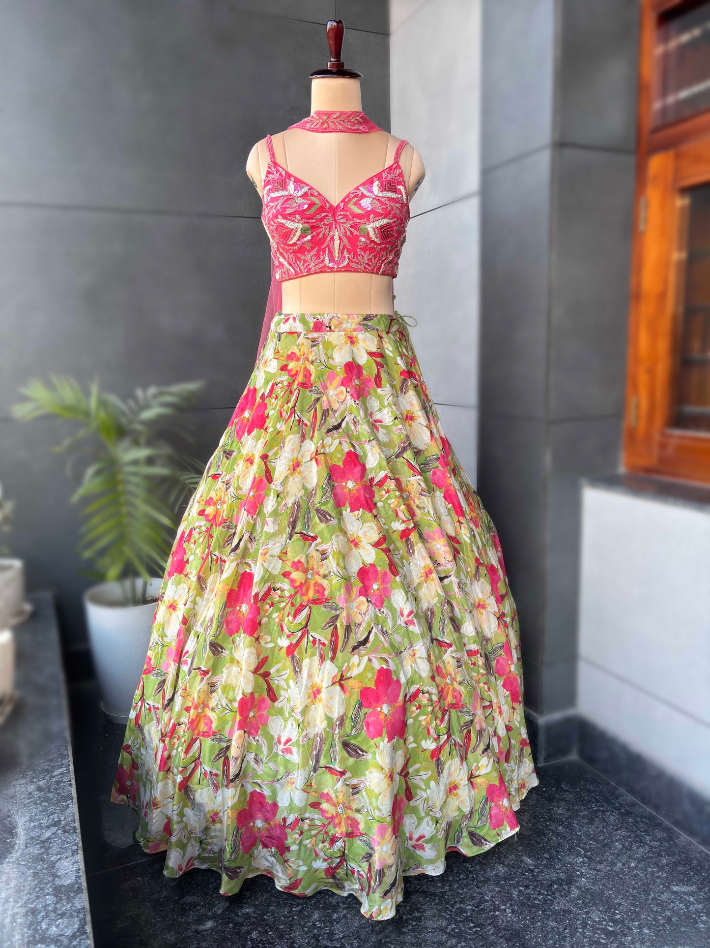 Crepe Floral Print Lehenga with Designer Blouse