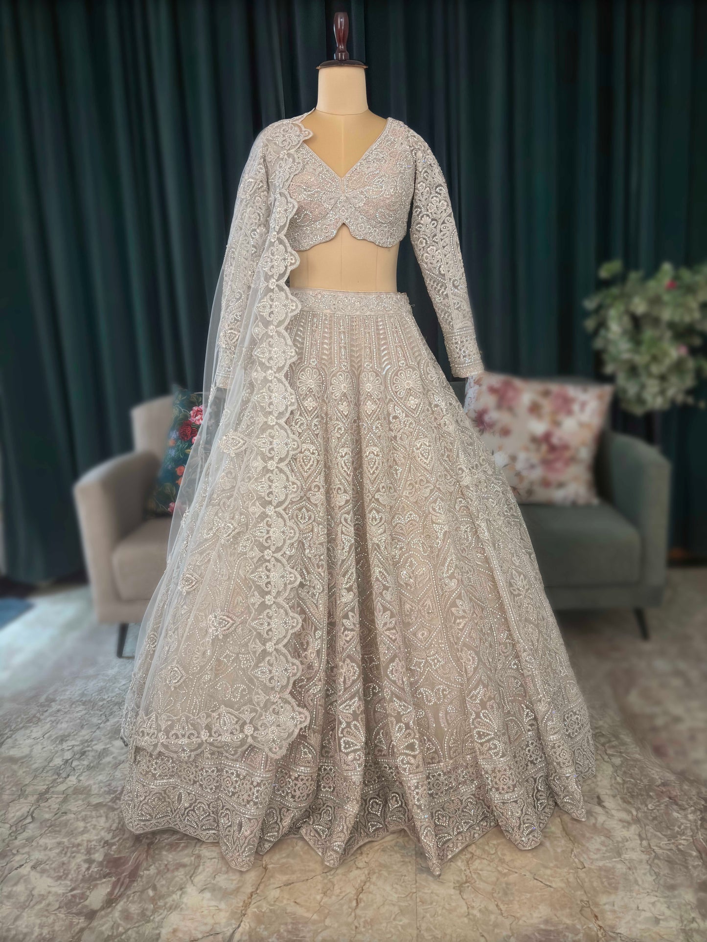 Taupe Brown Embroidered Lehenga Choli with Net Dupatta