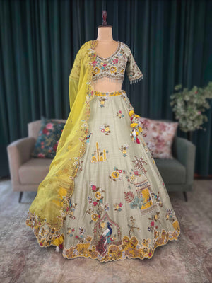 Pastel Green Silk Embroidered Lehenga with Yellow Organza Dupatta