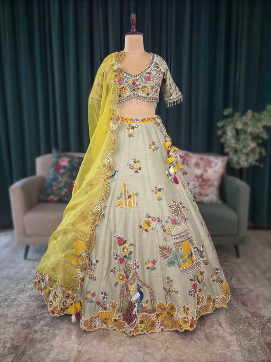 Pastel Green Silk Embroidered Lehenga with Yellow Organza Dupatta