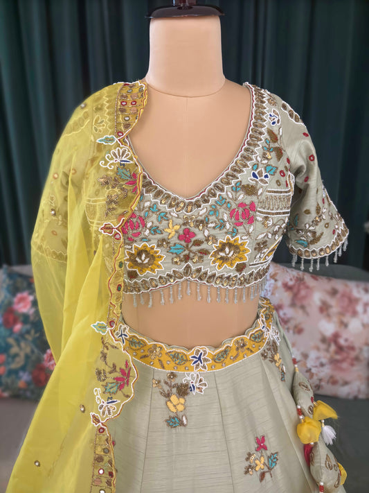 Pastel Green Silk Embroidered Lehenga with Yellow Organza Dupatta