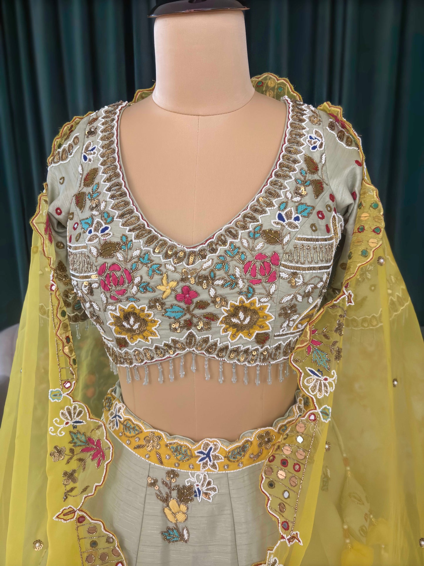 Pastel Green Silk Embroidered Lehenga with Yellow Organza Dupatta
