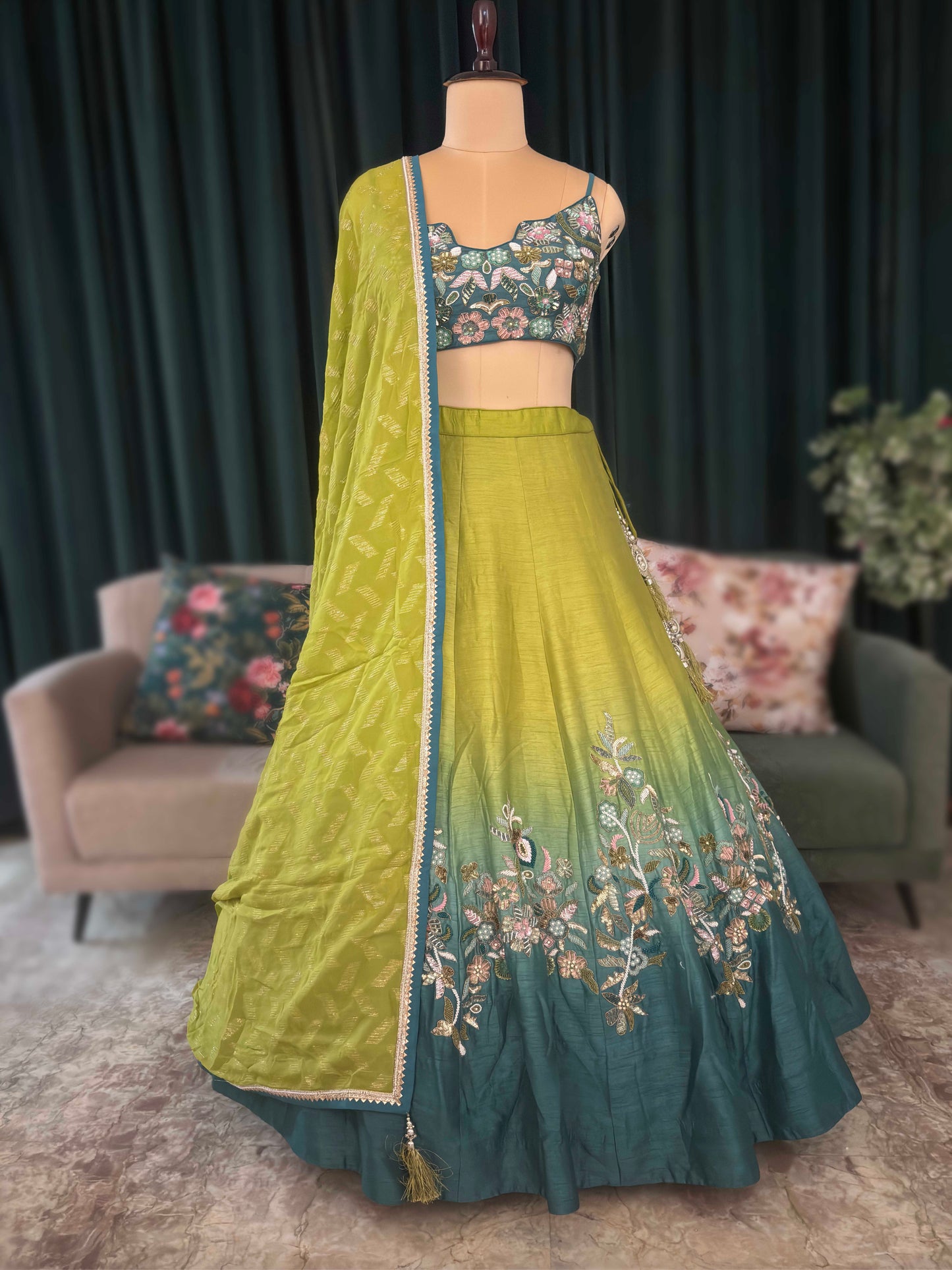 Multi-Colour Silk Lehenga with Zari Pearl & Sequins Work
