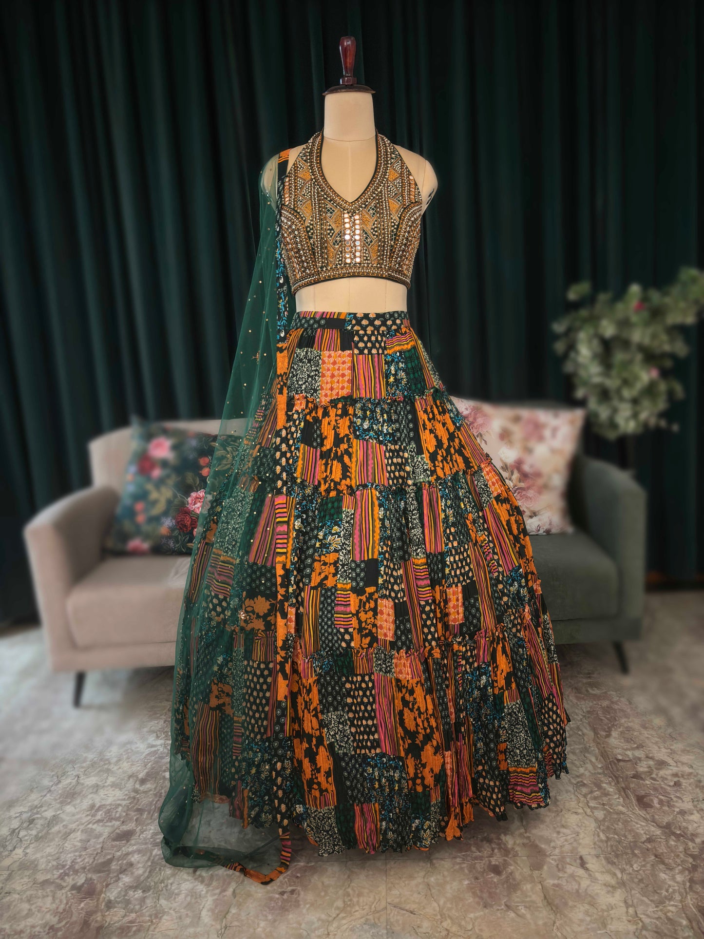 Black Patchwork Print Lehenga with Mirror Work Choli