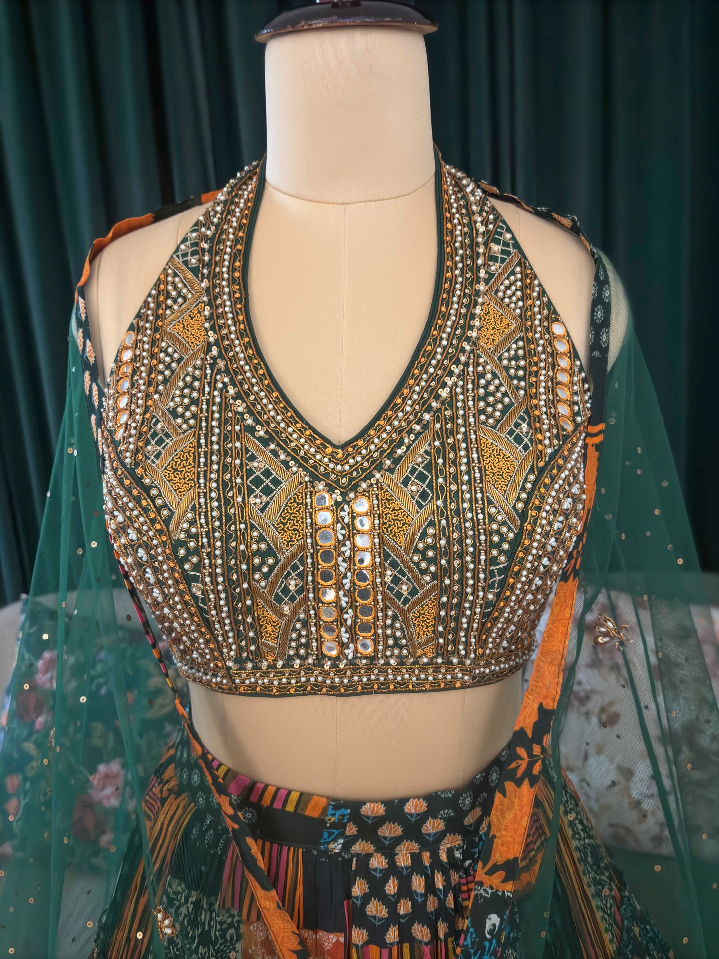 Black Patchwork Print Lehenga with Mirror Work Choli