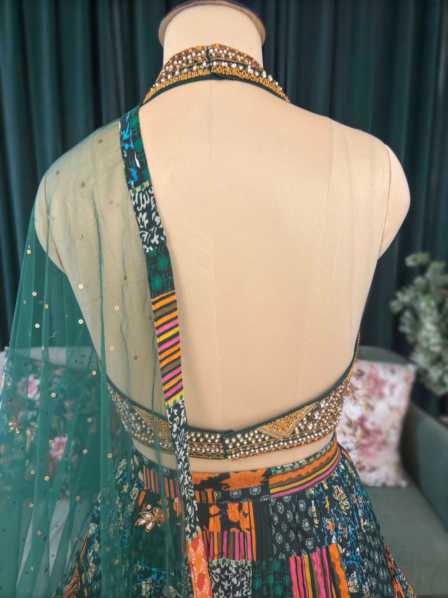 Black Patchwork Print Lehenga with Mirror Work Choli