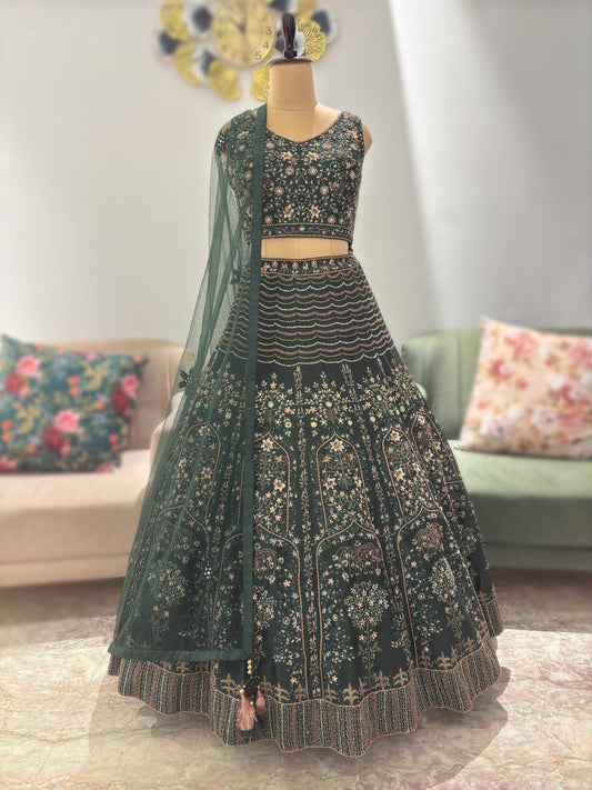 Green Colour Lehenga with Zari Sequins & Matallic Work