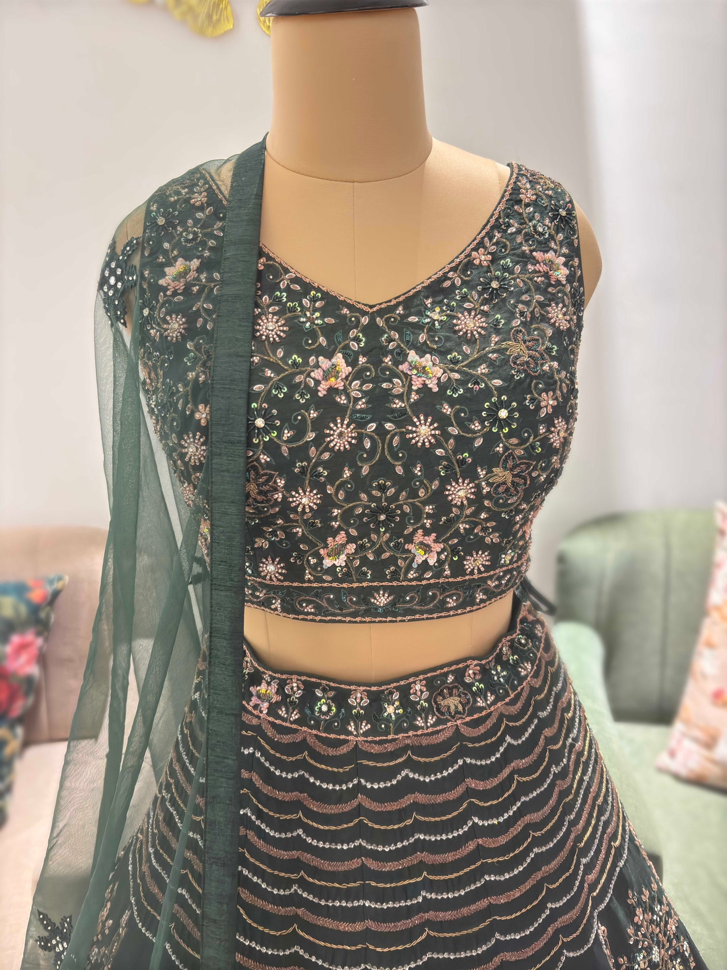 Green Colour Lehenga with Zari Sequins & Matallic Work