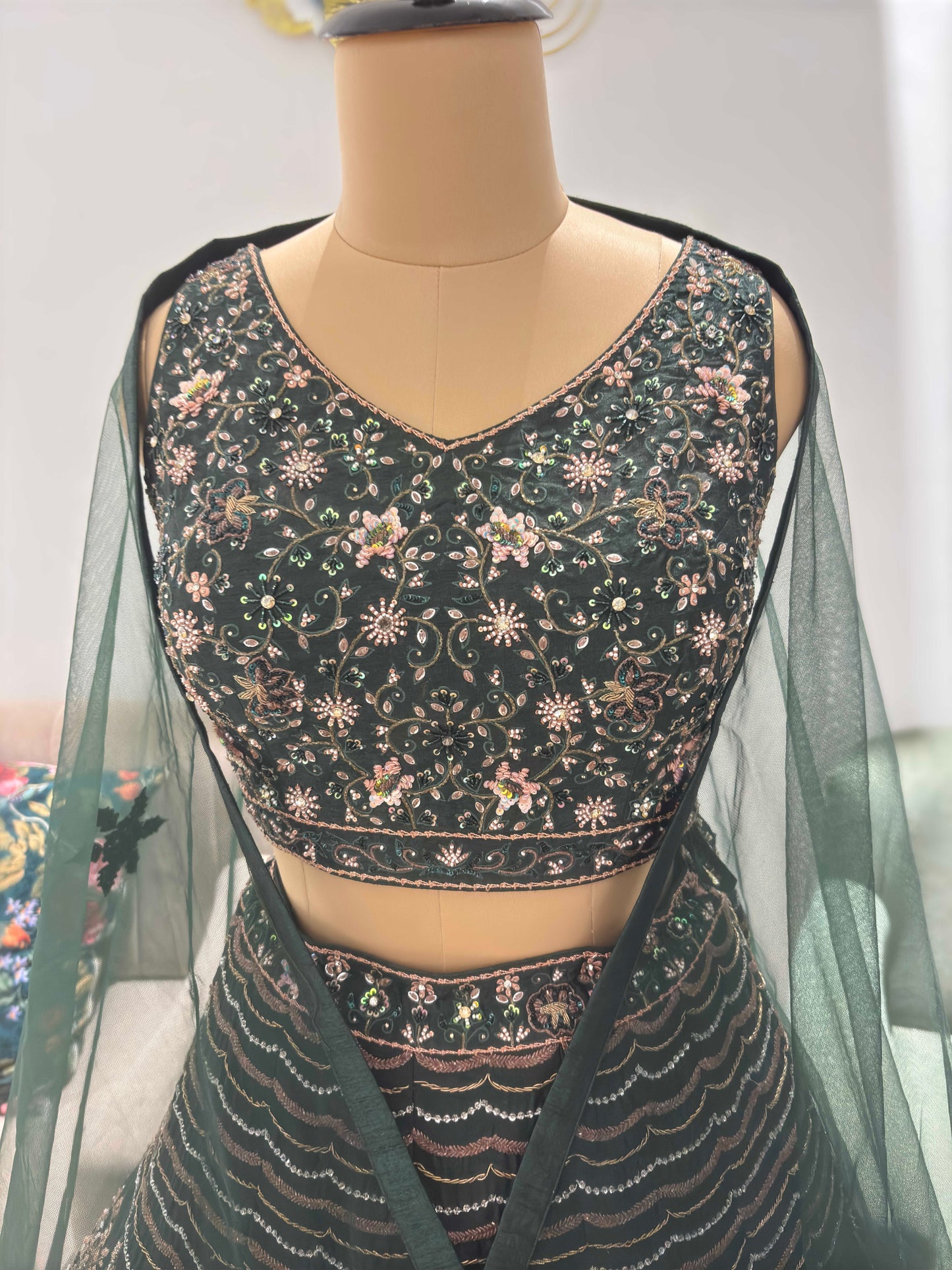Green Colour Lehenga with Zari Sequins & Matallic Work