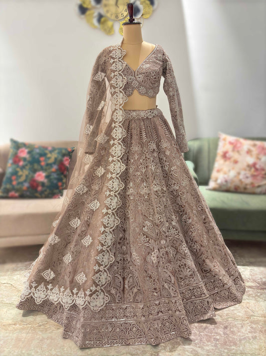 Taupe Brown Embroidered Lehenga Choli with Net Dupatta