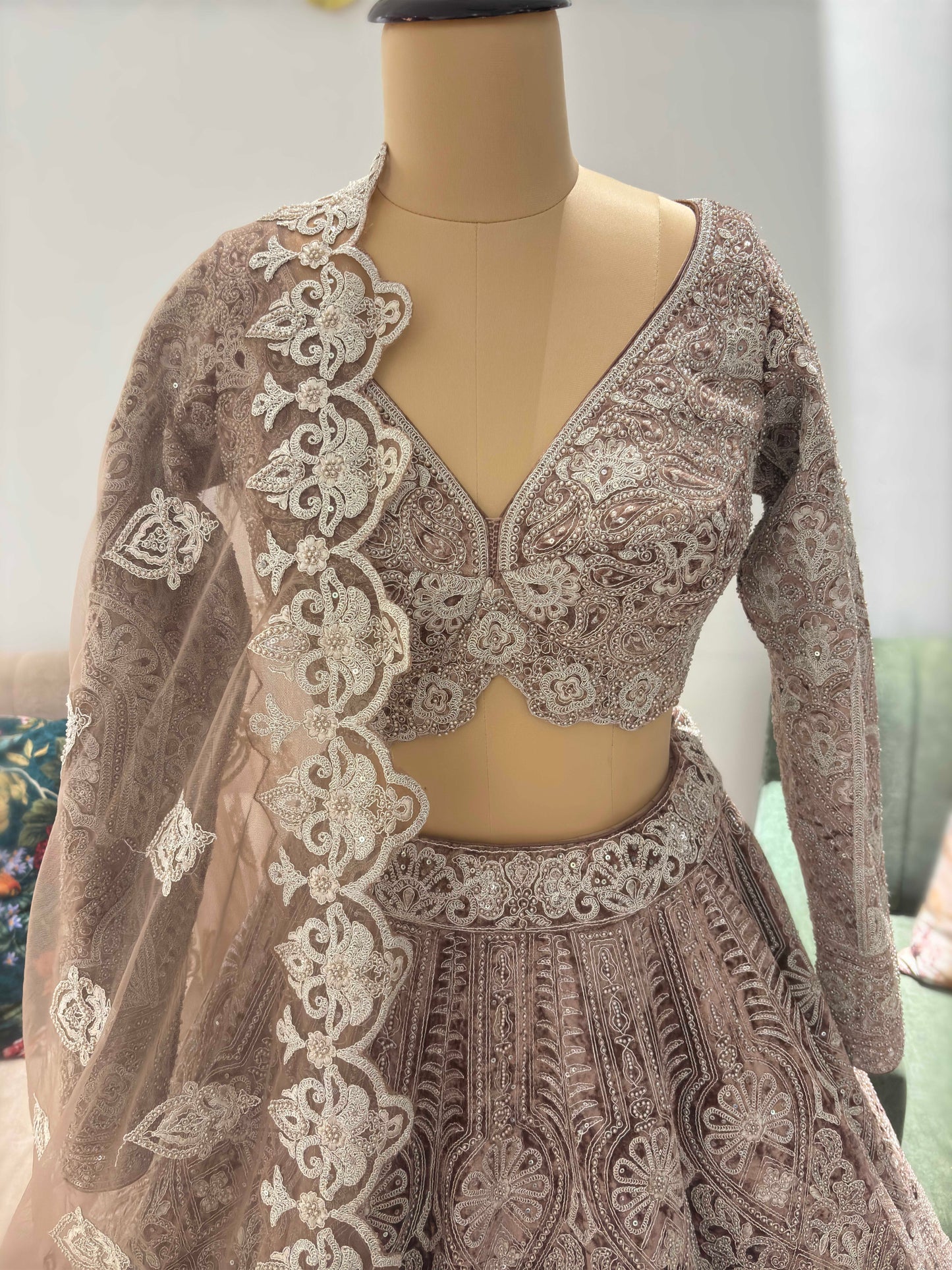 Taupe Brown Embroidered Lehenga Choli with Net Dupatta