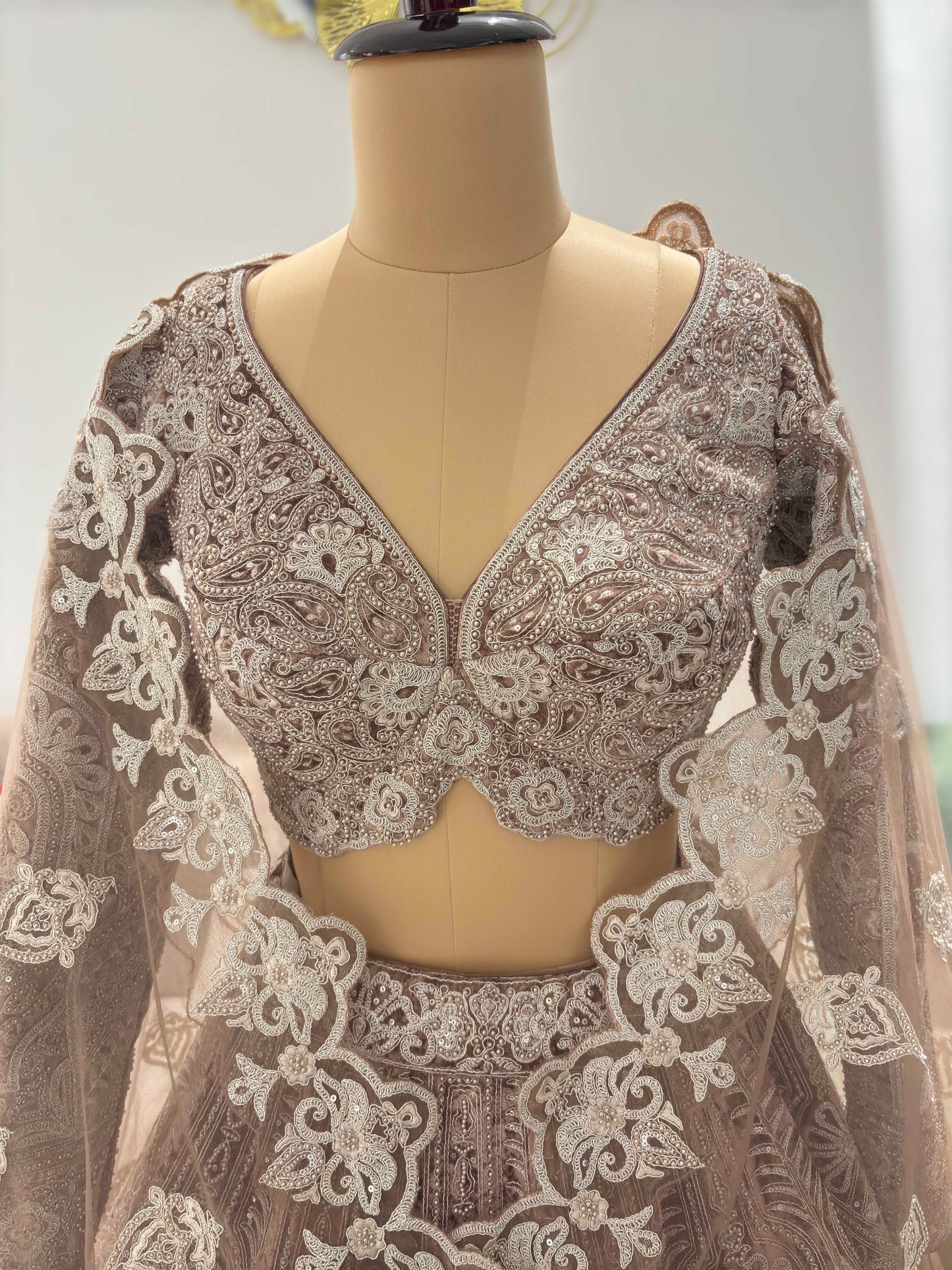 Taupe Brown Embroidered Lehenga Choli with Net Dupatta